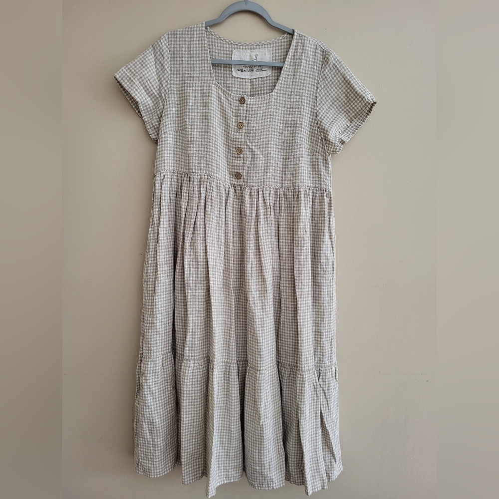 SOLD Custom Not Perfect Linen Dress Beige White Check Size Medium